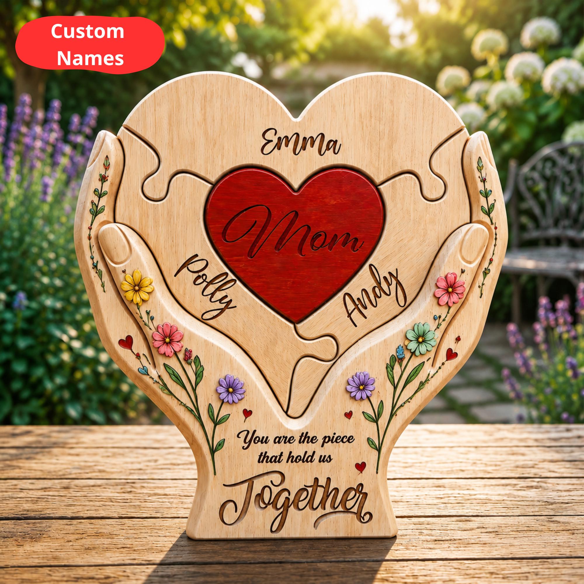 Custom Family Heart Puzzle Decor, Unique Wood Mother's Day Gift With Names, Personalized Mom And Kids Keepsake Art