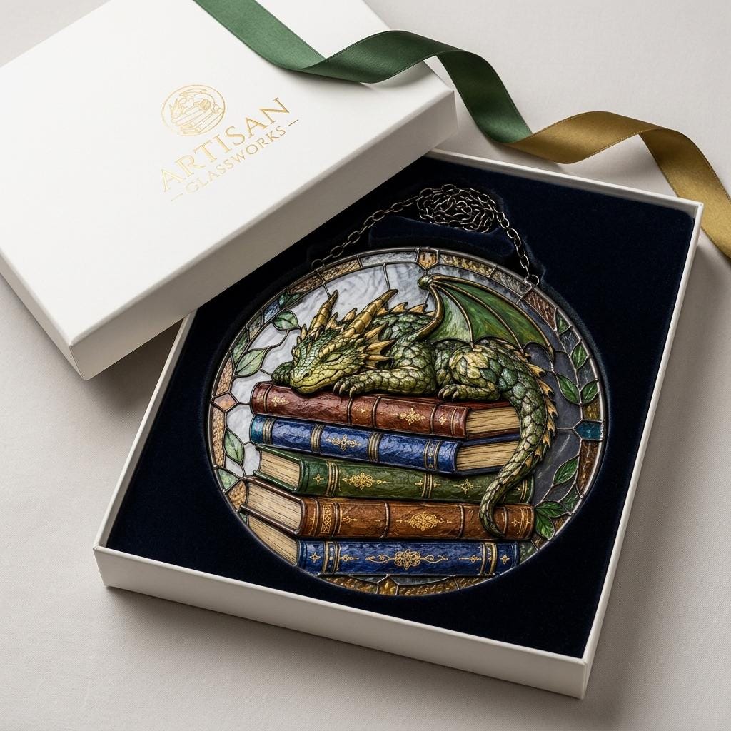 Fantasy Dragon Acrylic Suncatcher, Book Lover Gift, Magical Library Window Hanging, Reader Room Decor