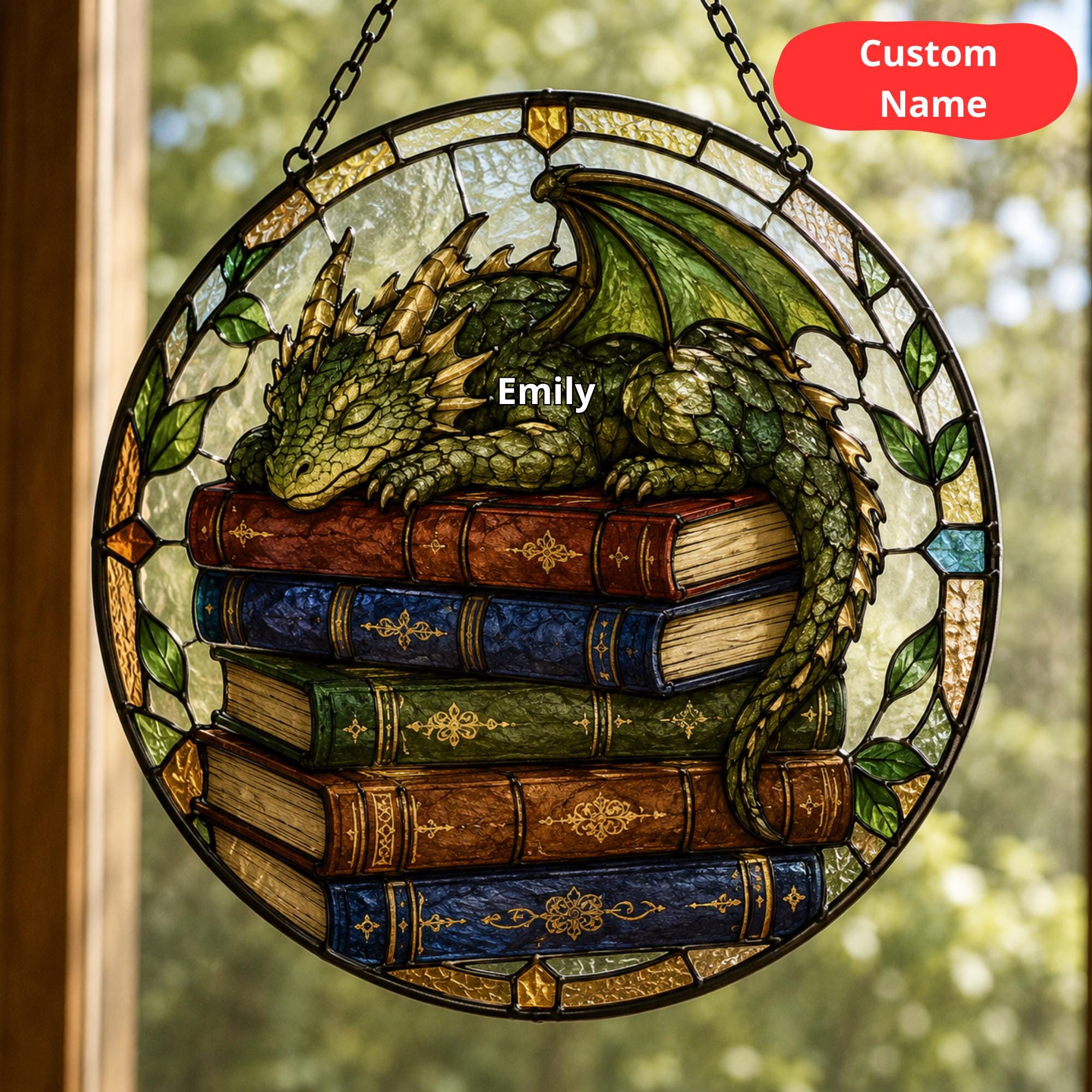Fantasy Dragon Acrylic Suncatcher, Book Lover Gift, Magical Library Window Hanging, Reader Room Decor