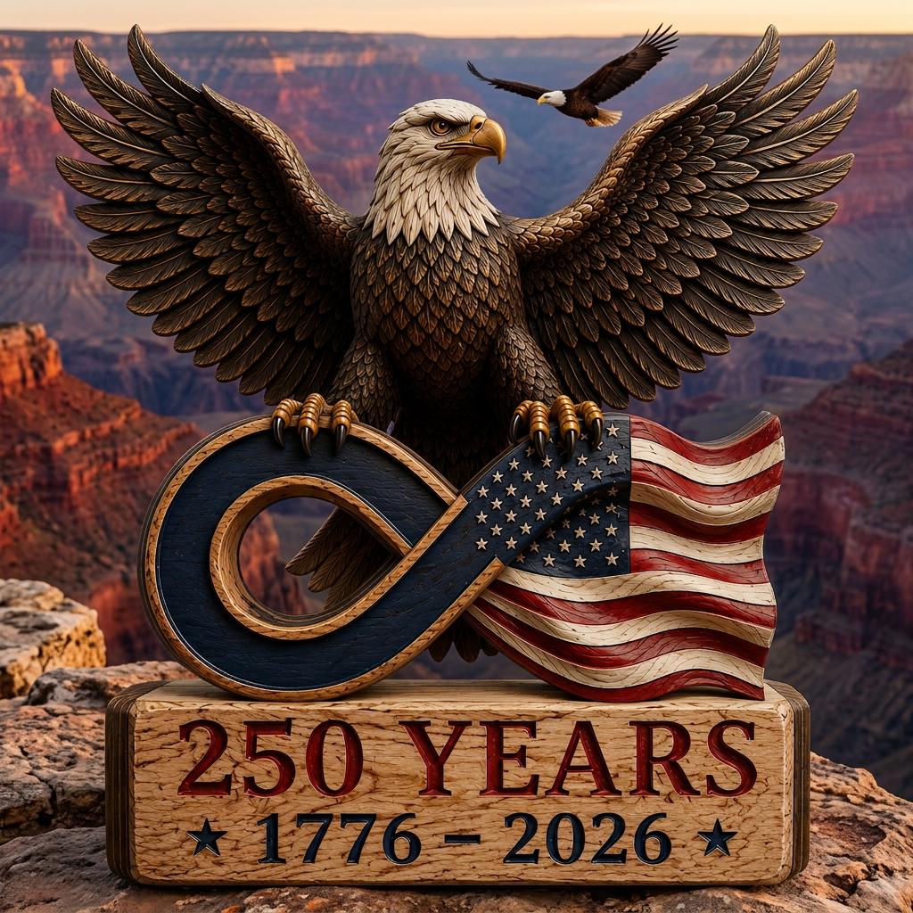 America 250th Anniversary Wooden Block Sign, Bald Eagle US Flag Decor, 1776-2026 Patriotic Tabletop Shelf Decor