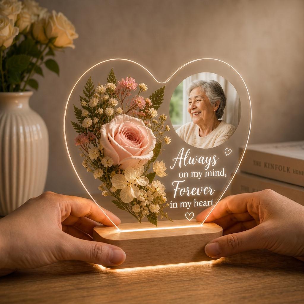 Personalized Memorial Acrylic Light with Wooden Base, Custom Photo Heart Lamp, Forever in My Heart Sympathy Gift