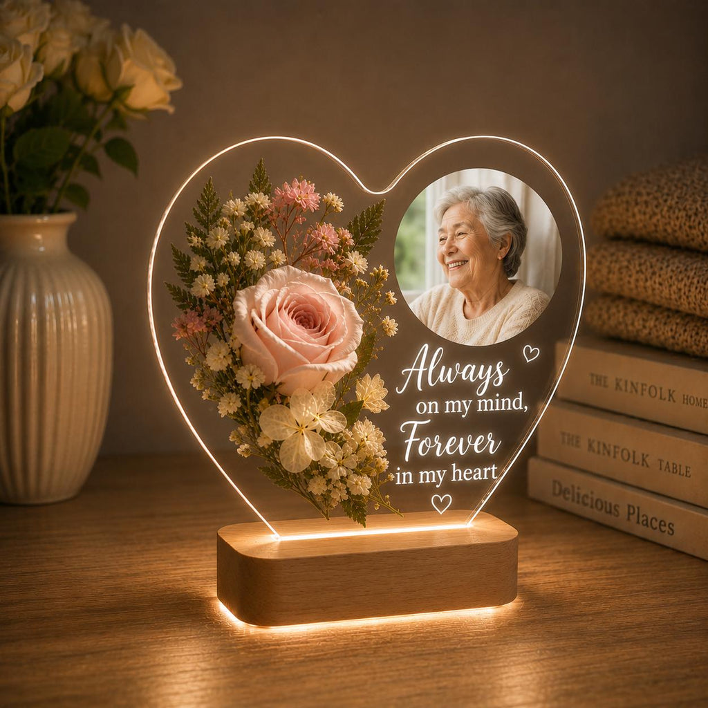 Personalized Memorial Acrylic Light with Wooden Base, Custom Photo Heart Lamp, Forever in My Heart Sympathy Gift