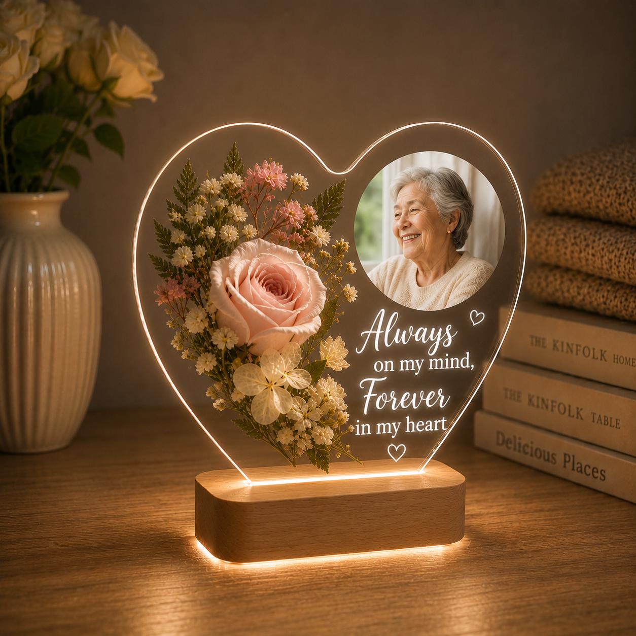 Personalized Memorial Acrylic Light with Wooden Base, Custom Photo Heart Lamp, Forever in My Heart Sympathy Gift
