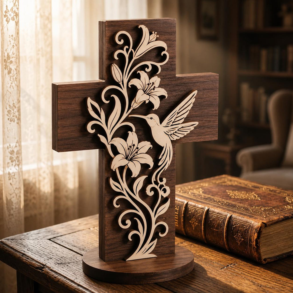 Christian Cross Acrylic Block, Hummingbird Lily Flower Decor, Religious Table Sign, Memorial Gift, Faith Gift for Mom Grandma