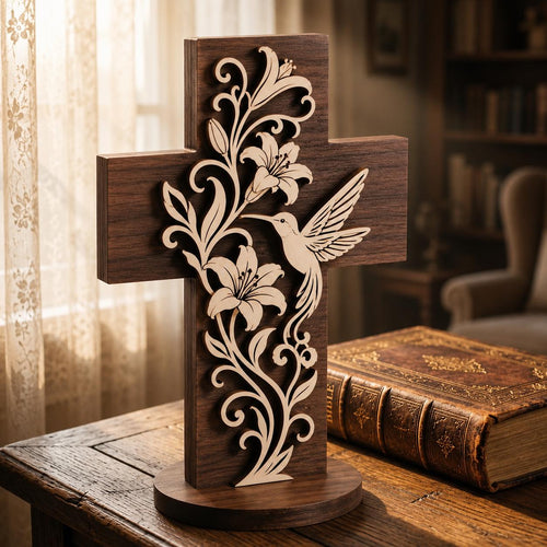 Christian Cross Acrylic Block, Hummingbird Lily Flower Decor, Religious Table Sign, Memorial Gift, Faith Gift for Mom Grandma