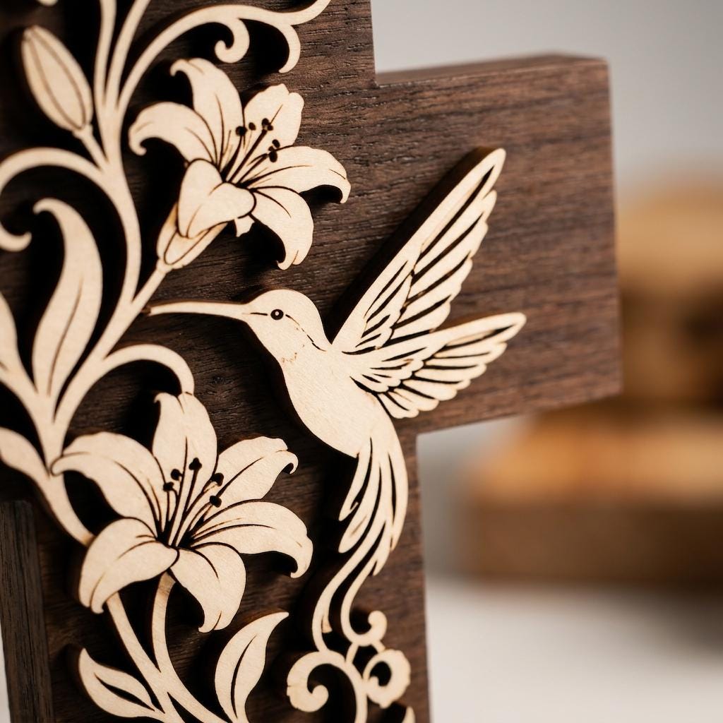Christian Cross Acrylic Block, Hummingbird Lily Flower Decor, Religious Table Sign, Memorial Gift, Faith Gift for Mom Grandma