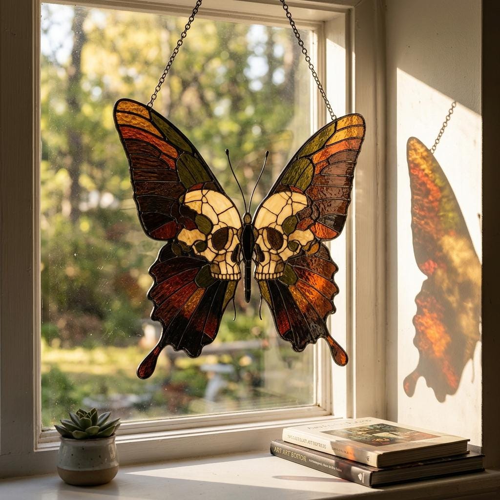 Gothic Butterfly Skull Suncatcher, Dark Academia Window Decor, Halloween Hanging Ornament, Witchy Home Decor Gift