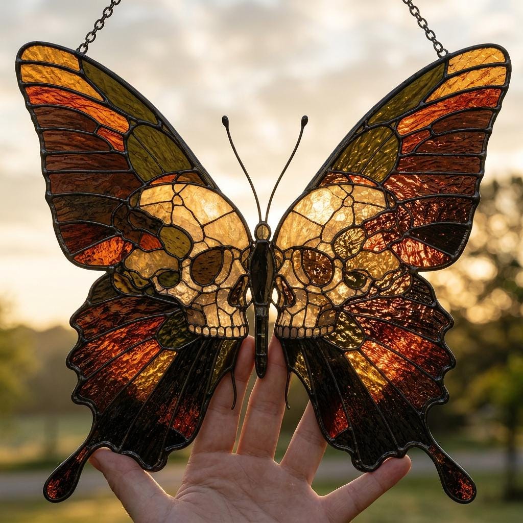 Gothic Butterfly Skull Suncatcher, Dark Academia Window Decor, Halloween Hanging Ornament, Witchy Home Decor Gift