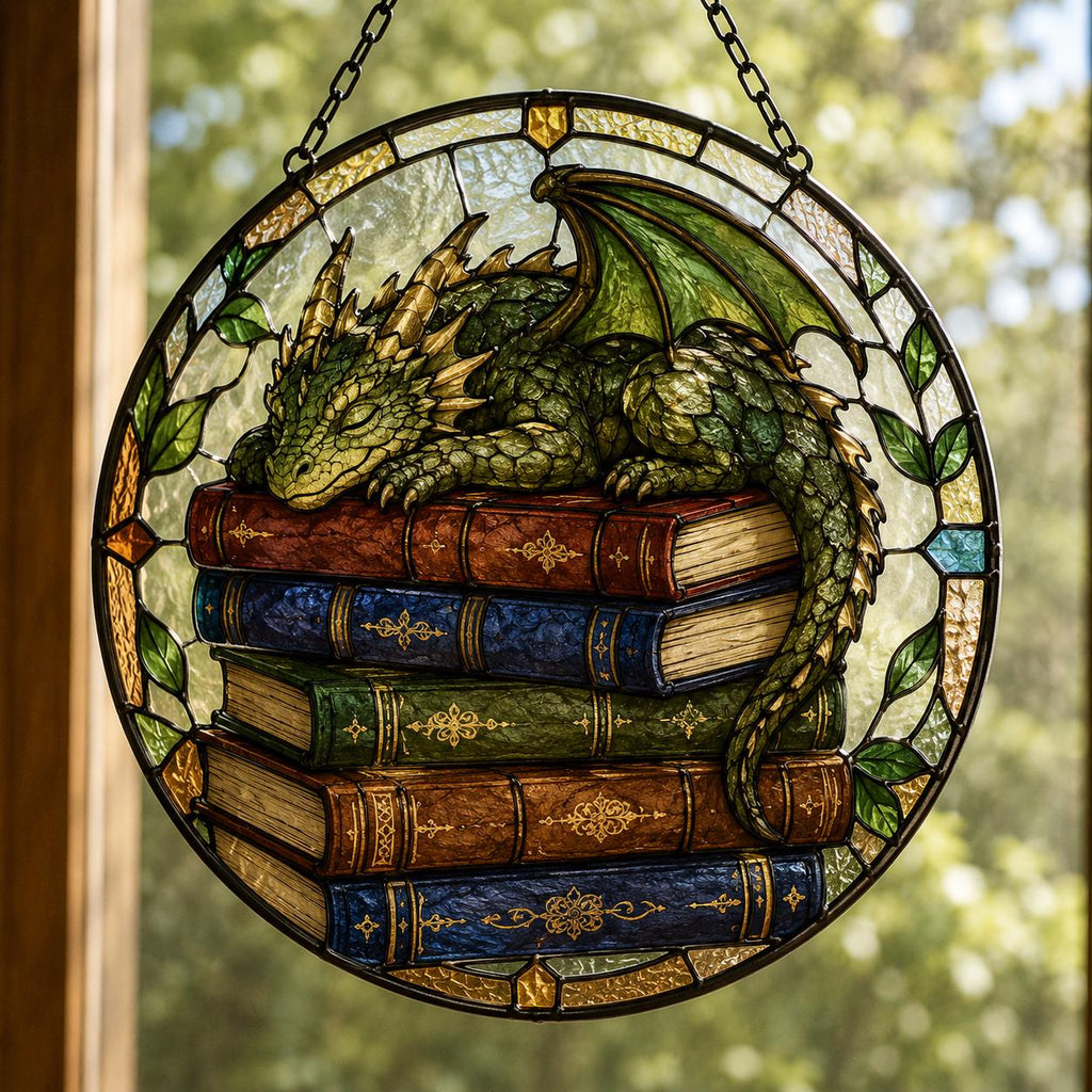 Fantasy Dragon Acrylic Suncatcher, Book Lover Gift, Magical Library Window Hanging, Reader Room Decor