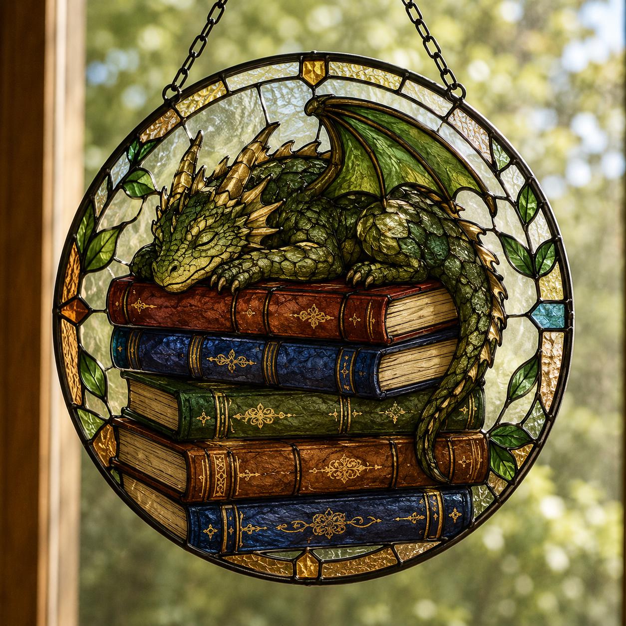 Fantasy Dragon Acrylic Suncatcher, Book Lover Gift, Magical Library Window Hanging, Reader Room Decor