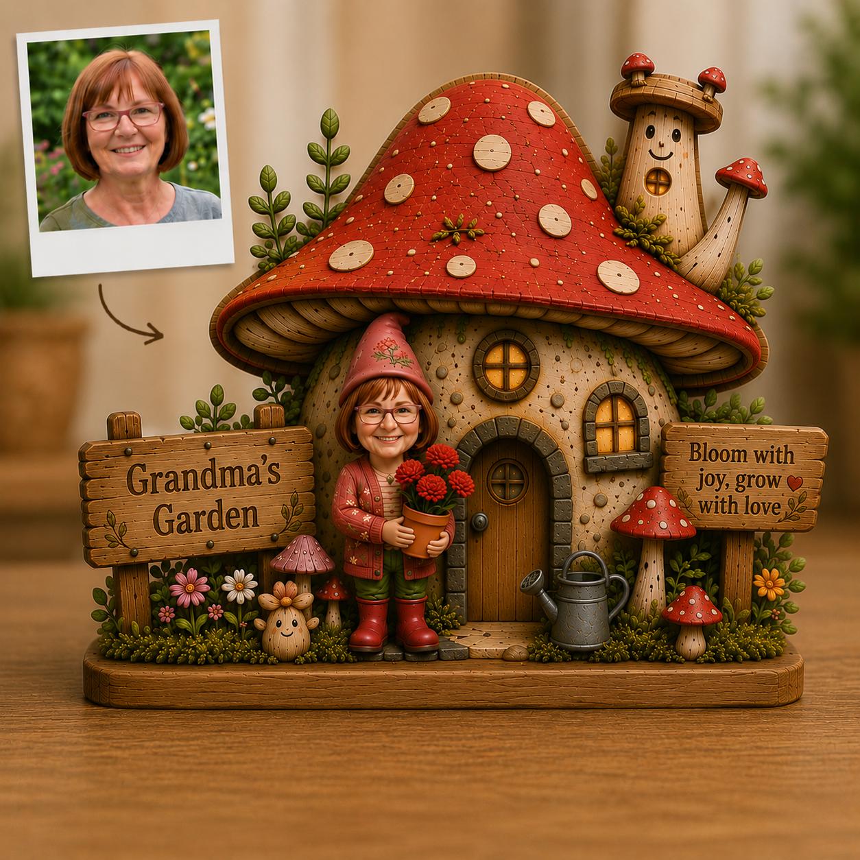 Custom Grandma Gnome Wooden Block, Photo Portrait Garden Plaque, Personalized Birth Flower Keepsake for Grandmother