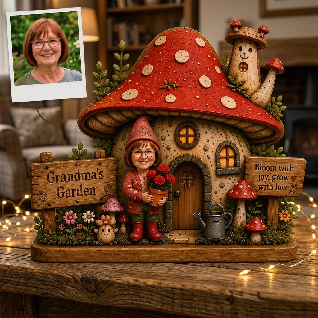 Custom Grandma Gnome Wooden Block, Photo Portrait Garden Plaque, Personalized Birth Flower Keepsake for Grandmother