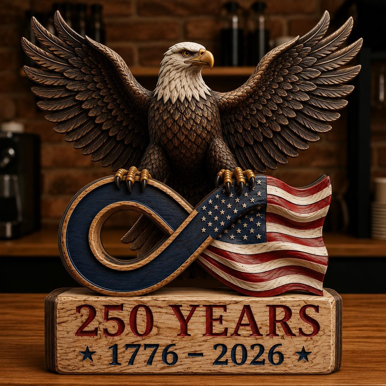 America 250th Anniversary Wooden Block Sign, Bald Eagle US Flag Decor, 1776-2026 Patriotic Tabletop Shelf Decor