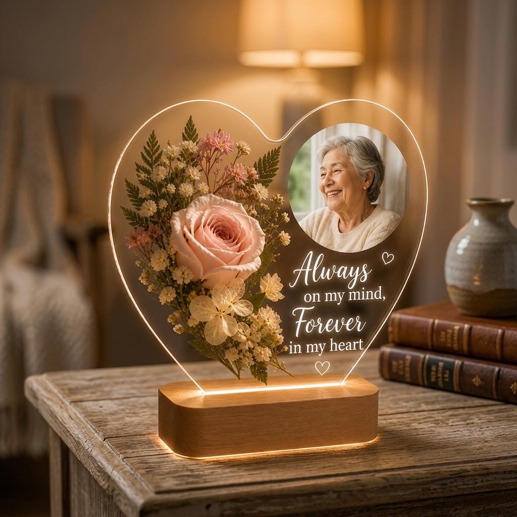 Personalized Memorial Acrylic Light with Wooden Base, Custom Photo Heart Lamp, Forever in My Heart Sympathy Gift