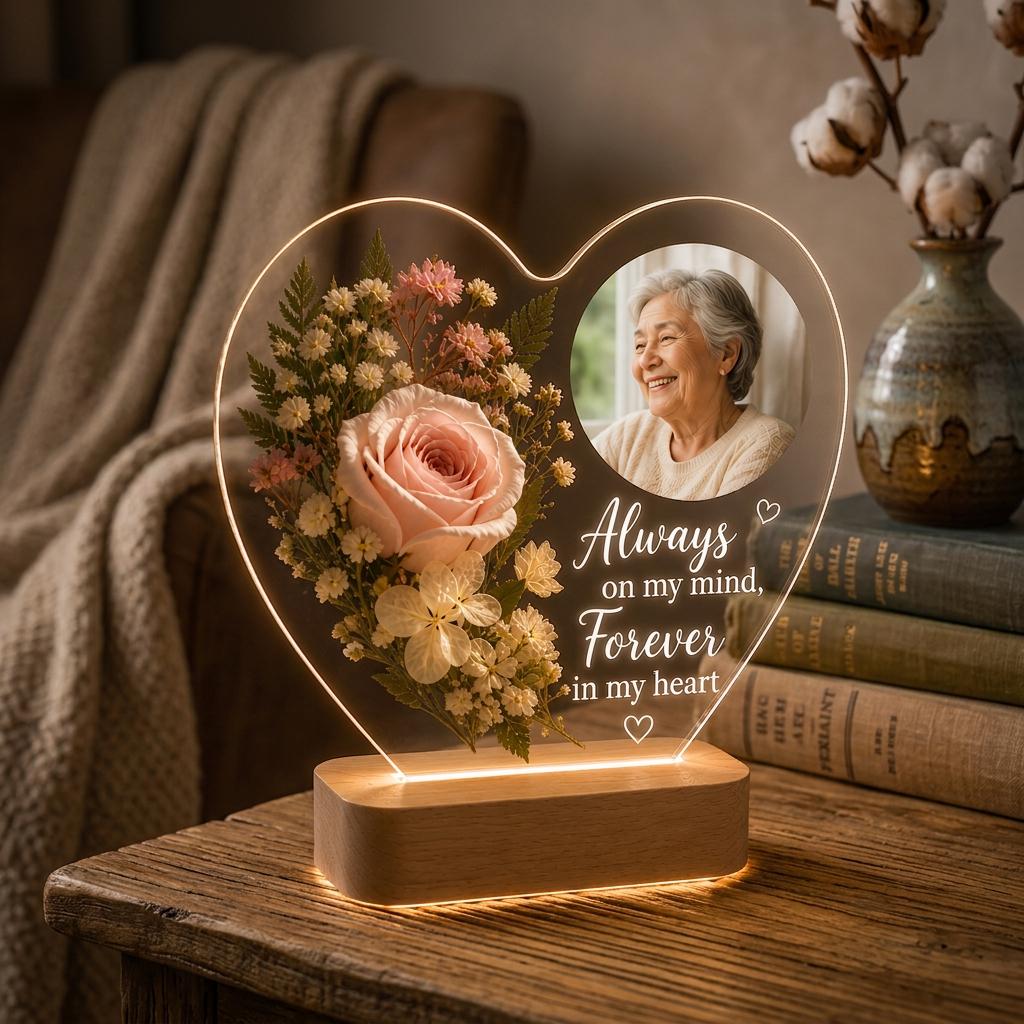 Personalized Memorial Acrylic Light with Wooden Base, Custom Photo Heart Lamp, Forever in My Heart Sympathy Gift