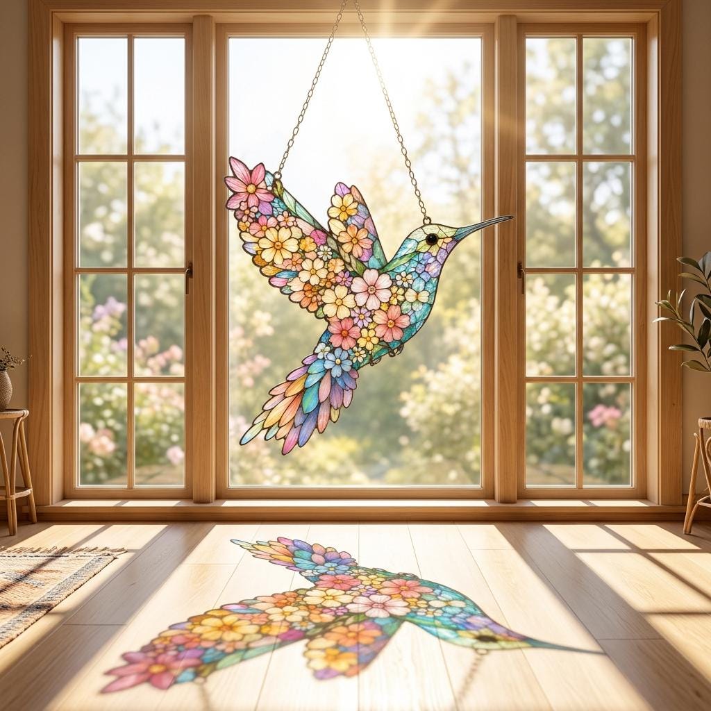 ACRYLIC Colorful Hummingbird Suncatcher, Floral Bird Window Ornament, Nature Inspired Garden Decor Gift