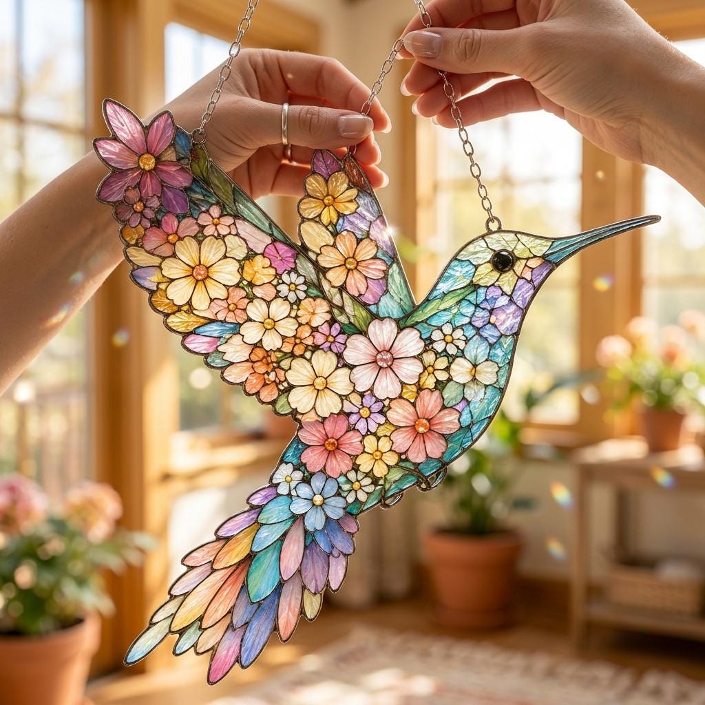 ACRYLIC Colorful Hummingbird Suncatcher, Floral Bird Window Ornament, Nature Inspired Garden Decor Gift