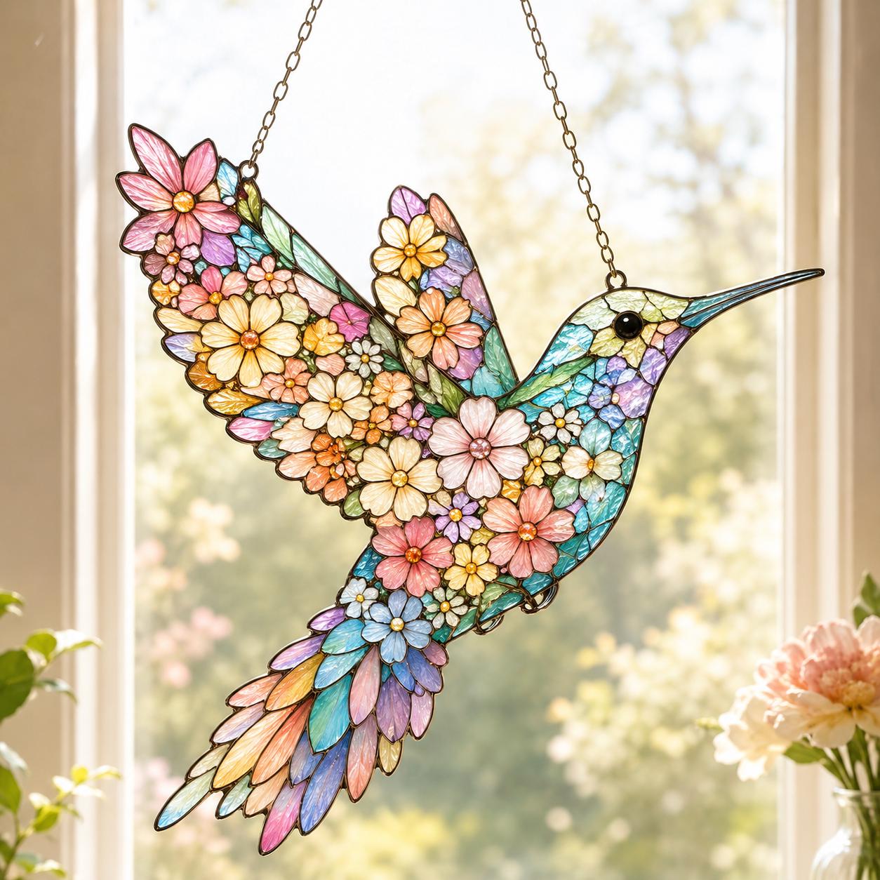 ACRYLIC Colorful Hummingbird Suncatcher, Floral Bird Window Ornament, Nature Inspired Garden Decor Gift