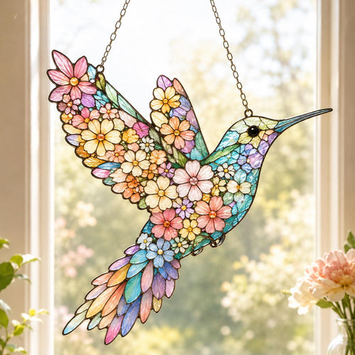 ACRYLIC Colorful Hummingbird Suncatcher, Floral Bird Window Ornament, Nature Inspired Garden Decor Gift