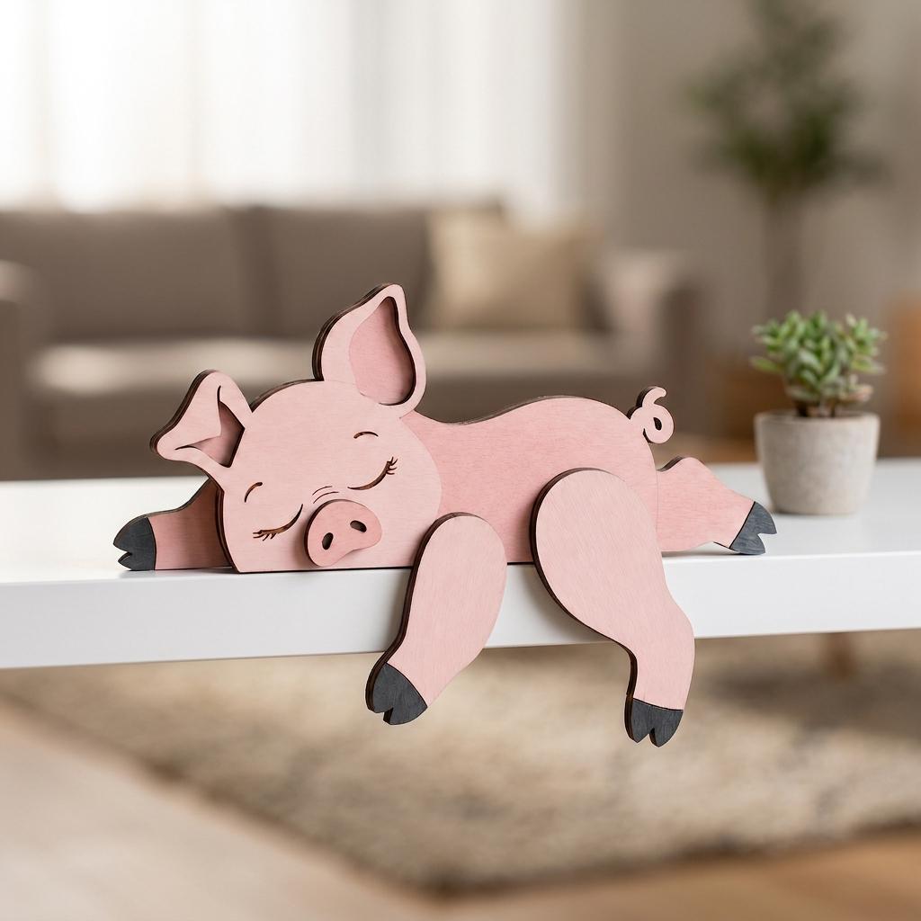 Sleeping Pig Wooden Block, Farm Animal Shelf Sitter, Cute Pig Bookshelf Decor, Nursery Room Accent, Pig Lover Gift