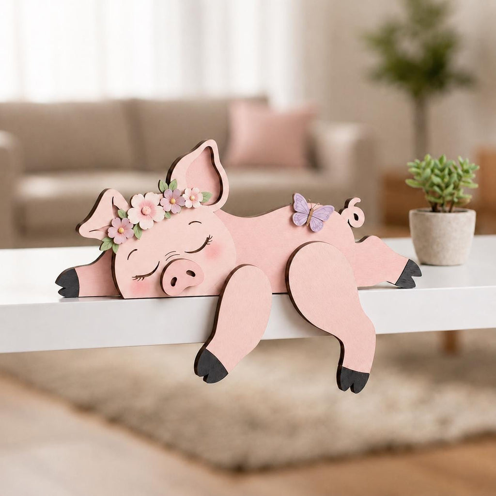 Sleeping Pig Wooden Block, Farm Animal Shelf Sitter, Cute Pig Bookshelf Decor, Nursery Room Accent, Pig Lover Gift