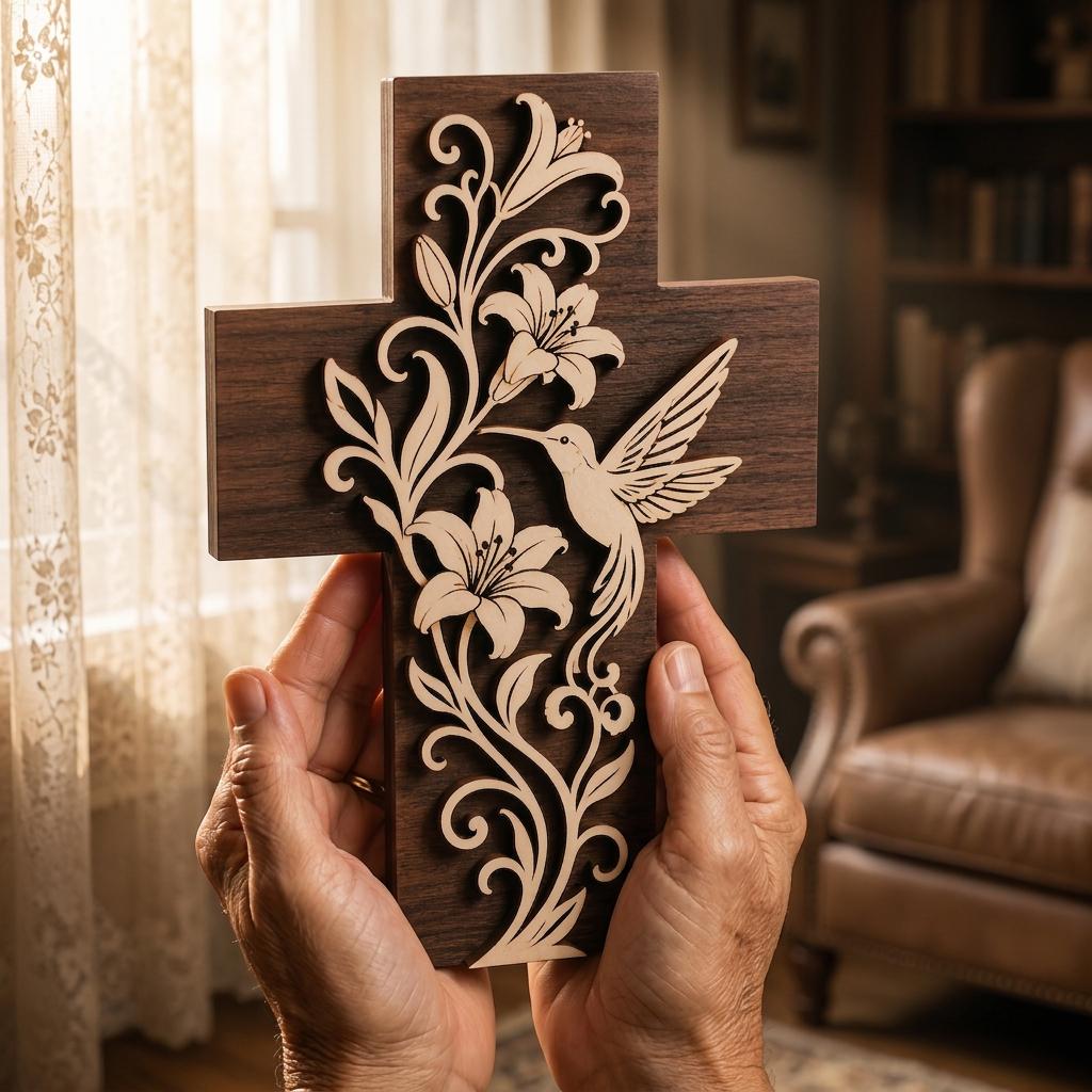 Christian Cross Acrylic Block, Hummingbird Lily Flower Decor, Religious Table Sign, Memorial Gift, Faith Gift for Mom Grandma