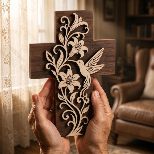 Christian Cross Acrylic Block, Hummingbird Lily Flower Decor, Religious Table Sign, Memorial Gift, Faith Gift for Mom Grandma