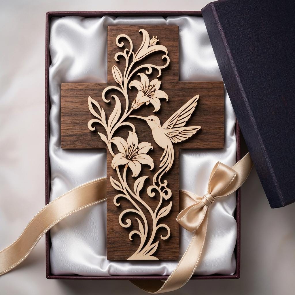 Christian Cross Acrylic Block, Hummingbird Lily Flower Decor, Religious Table Sign, Memorial Gift, Faith Gift for Mom Grandma