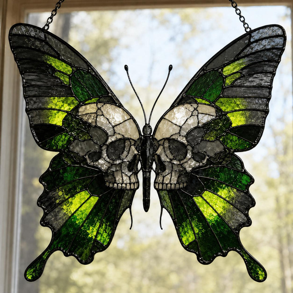 Gothic Butterfly Skull Suncatcher, Dark Academia Window Decor, Halloween Hanging Ornament, Witchy Home Decor Gift