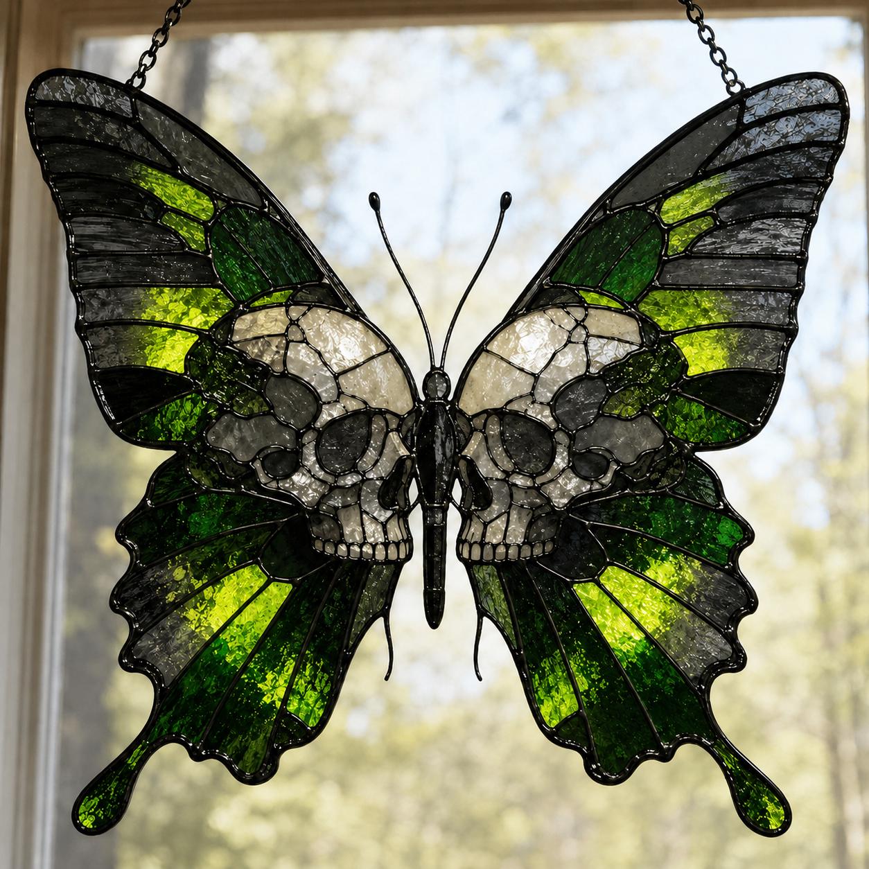 Gothic Butterfly Skull Suncatcher, Dark Academia Window Decor, Halloween Hanging Ornament, Witchy Home Decor Gift
