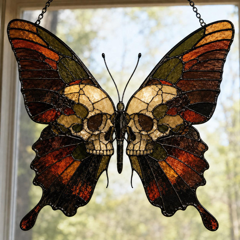 Gothic Butterfly Skull Suncatcher, Dark Academia Window Decor, Halloween Hanging Ornament, Witchy Home Decor Gift