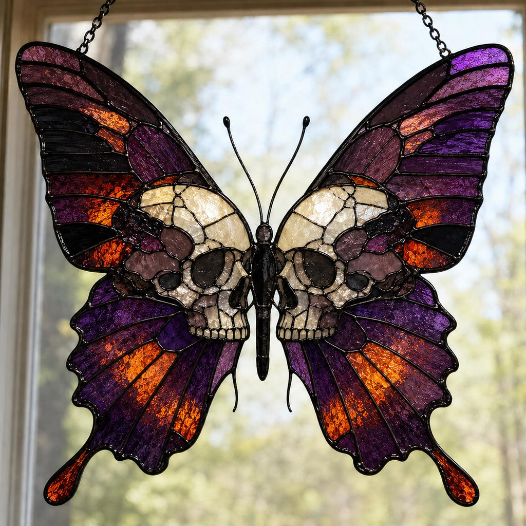 Gothic Butterfly Skull Suncatcher, Dark Academia Window Decor, Halloween Hanging Ornament, Witchy Home Decor Gift