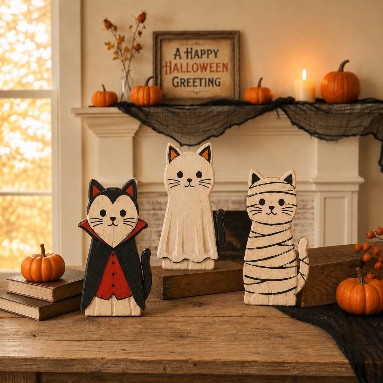 Wooden Halloween Cat Block Set, Cute Spooky Cat Figurines, Fall Home Decor, Pumpkin Ghost Mummy Vampire Cat Shelf Decor