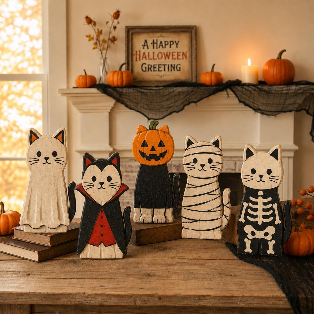 Wooden Halloween Cat Block Set, Cute Spooky Cat Figurines, Fall Home Decor, Pumpkin Ghost Mummy Vampire Cat Shelf Decor