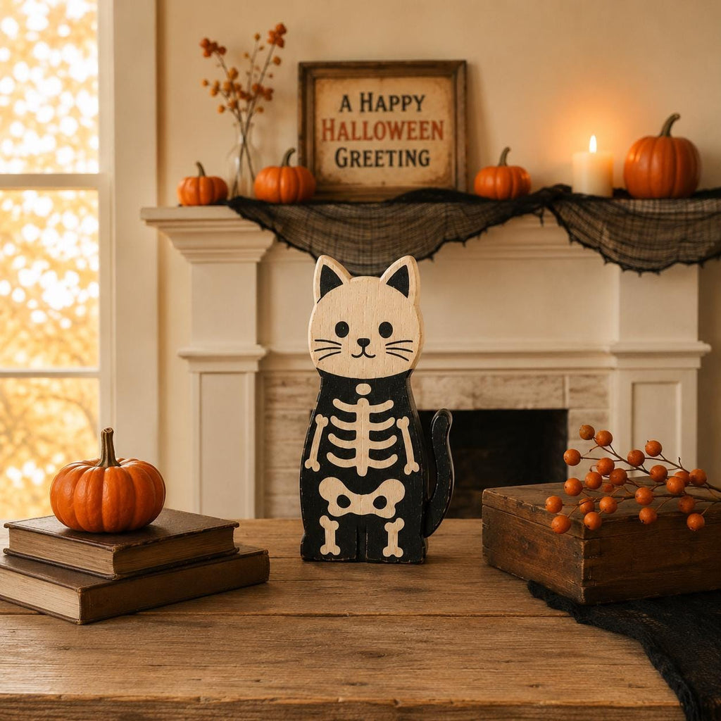Wooden Halloween Cat Block Set, Cute Spooky Cat Figurines, Fall Home Decor, Pumpkin Ghost Mummy Vampire Cat Shelf Decor
