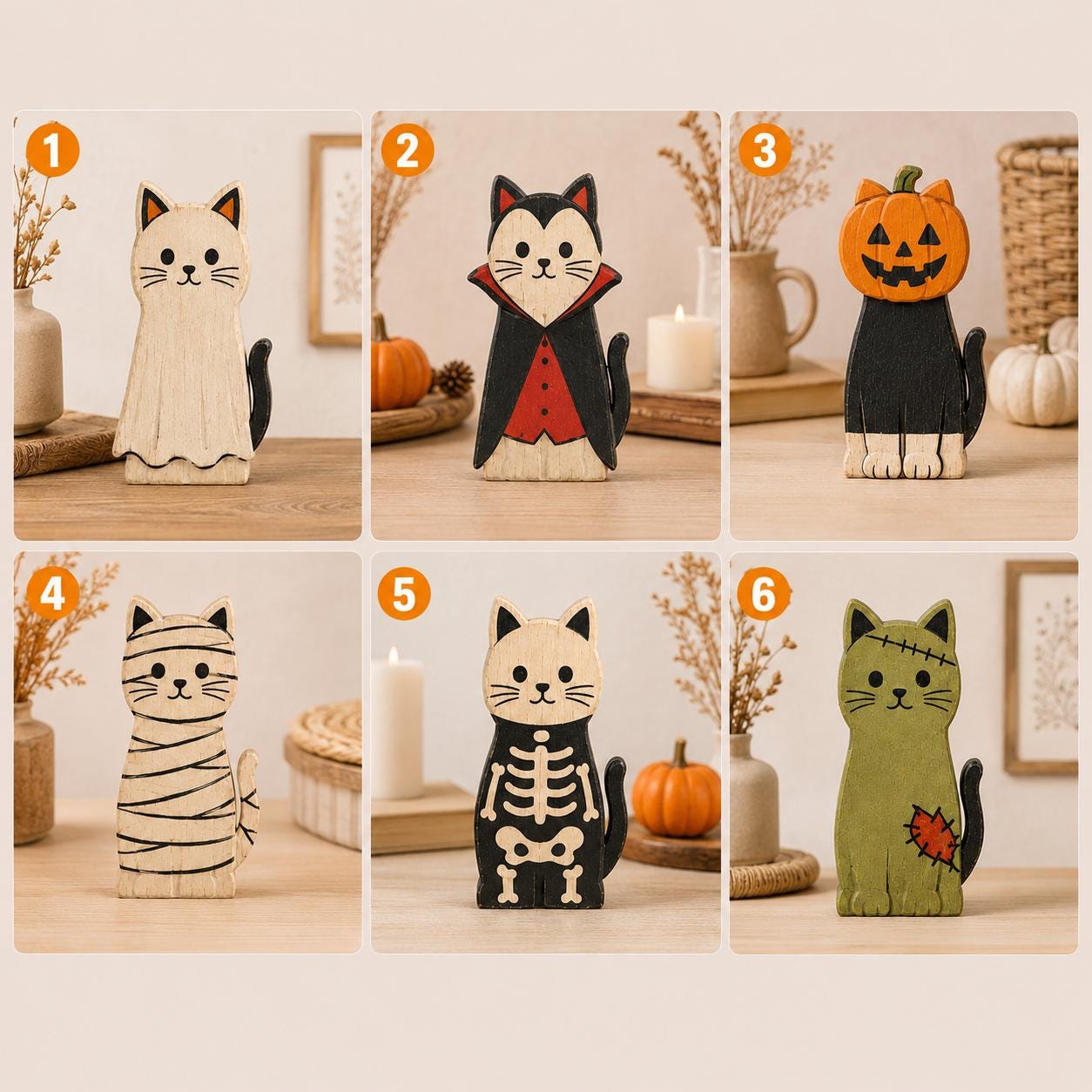 Wooden Halloween Cat Block Set, Cute Spooky Cat Figurines, Fall Home Decor, Pumpkin Ghost Mummy Vampire Cat Shelf Decor