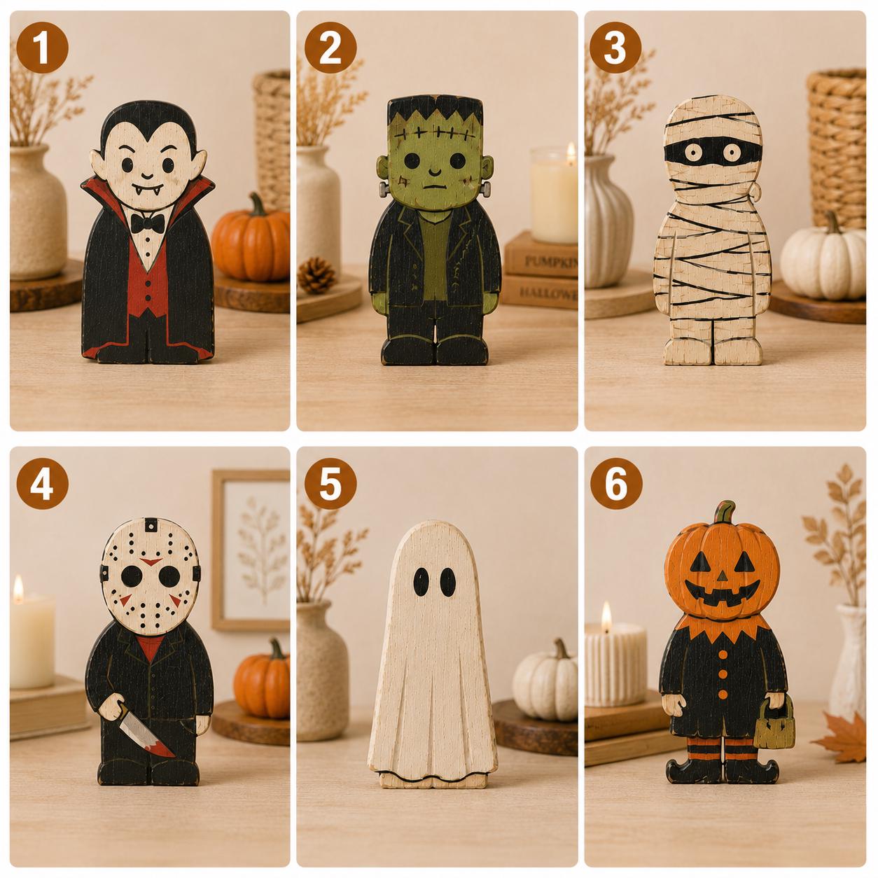 Halloween Wooden Block Decor Set, Spooky Character Shelf Sitters, Vampire Mummy Ghost Pumpkin Frankenstein Rustic Home Decor
