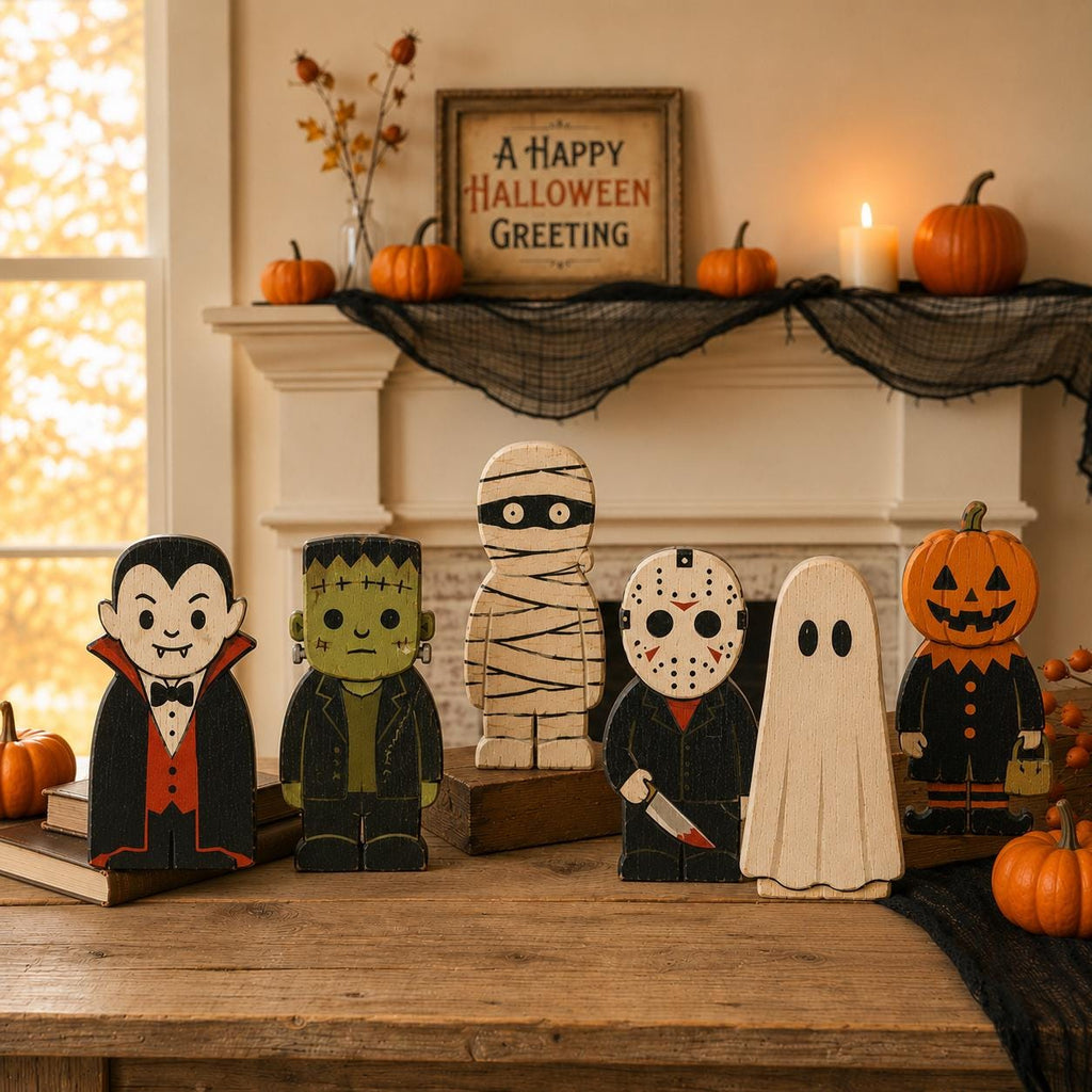 Halloween Wooden Block Decor Set, Spooky Character Shelf Sitters, Vampire Mummy Ghost Pumpkin Frankenstein Rustic Home Decor