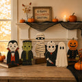 Halloween Wooden Block Decor Set, Spooky Character Shelf Sitters, Vampire Mummy Ghost Pumpkin Frankenstein Rustic Home Decor