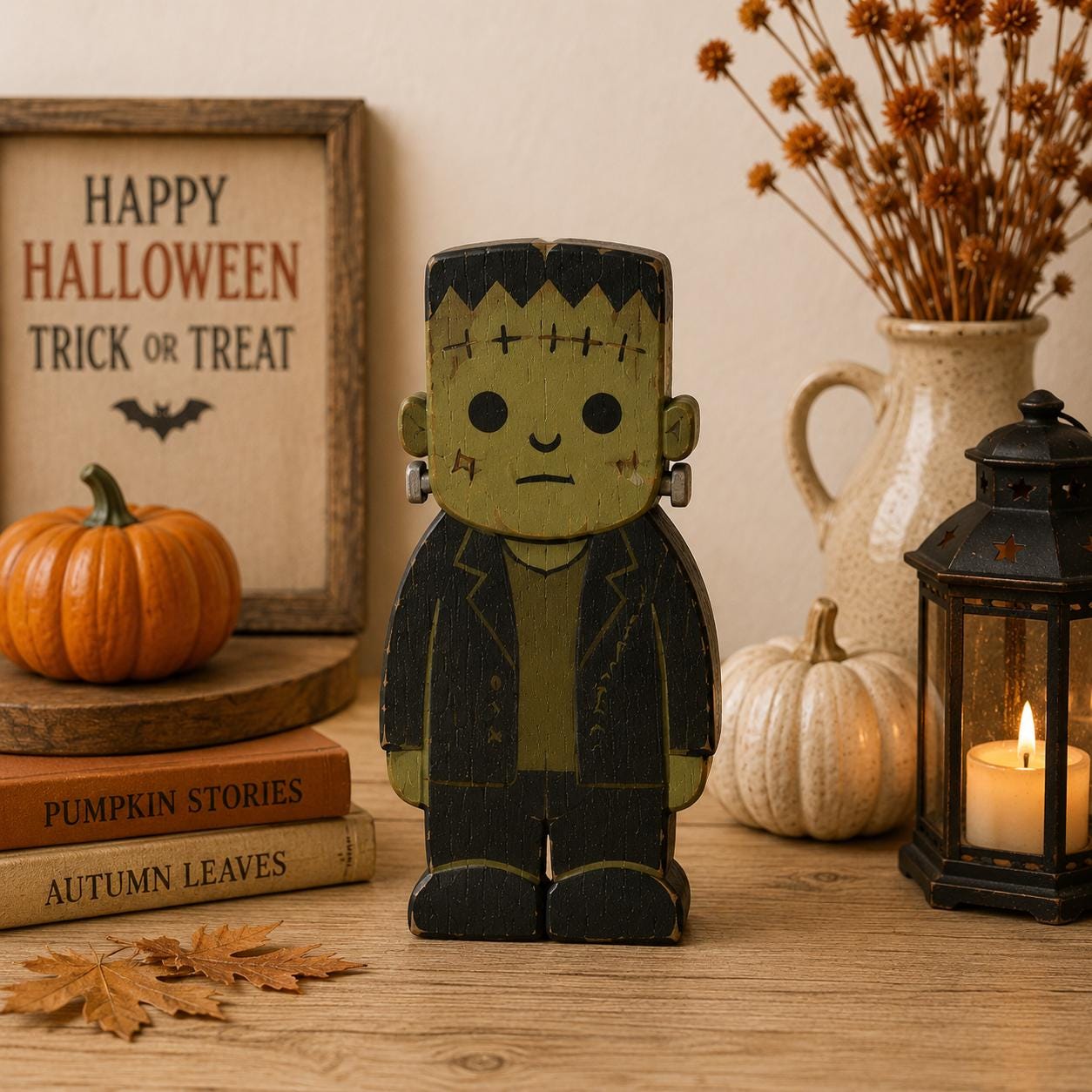 Halloween Wooden Block Decor Set, Spooky Character Shelf Sitters, Vampire Mummy Ghost Pumpkin Frankenstein Rustic Home Decor