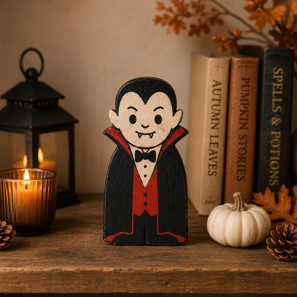 Halloween Wooden Block Decor Set, Spooky Character Shelf Sitters, Vampire Mummy Ghost Pumpkin Frankenstein Rustic Home Decor