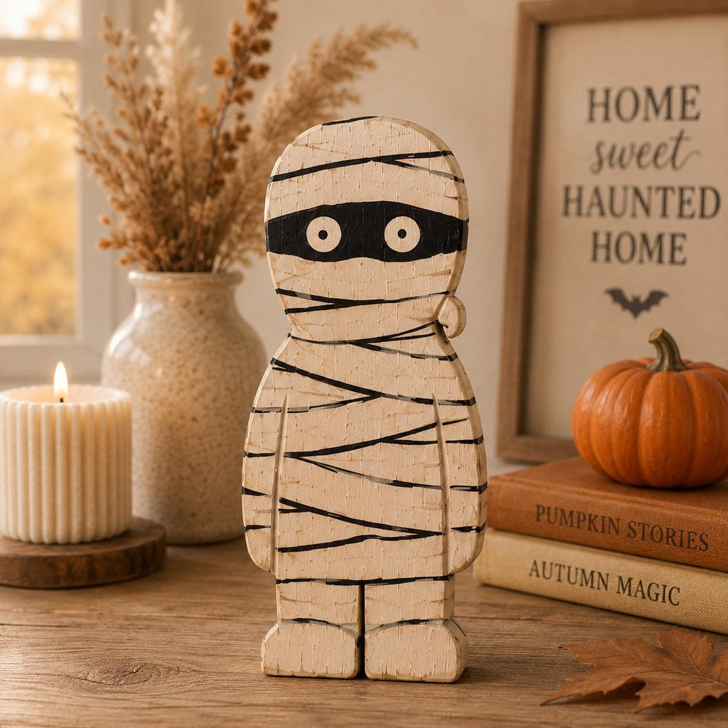 Halloween Wooden Block Decor Set, Spooky Character Shelf Sitters, Vampire Mummy Ghost Pumpkin Frankenstein Rustic Home Decor