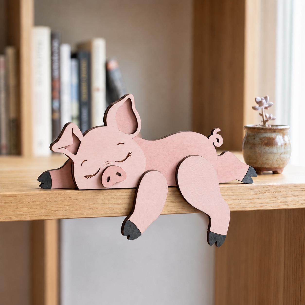 Sleeping Pig Wooden Block, Farm Animal Shelf Sitter, Cute Pig Bookshelf Decor, Nursery Room Accent, Pig Lover Gift