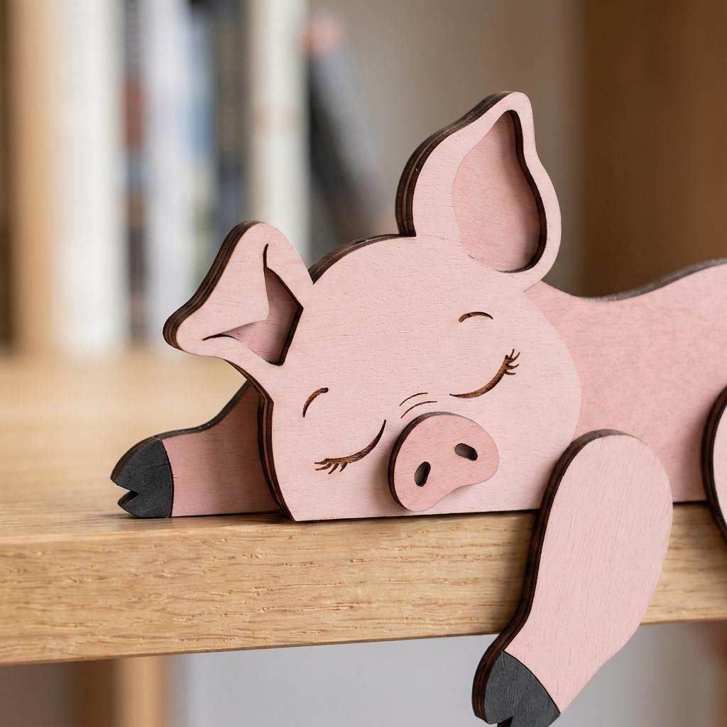 Sleeping Pig Wooden Block, Farm Animal Shelf Sitter, Cute Pig Bookshelf Decor, Nursery Room Accent, Pig Lover Gift