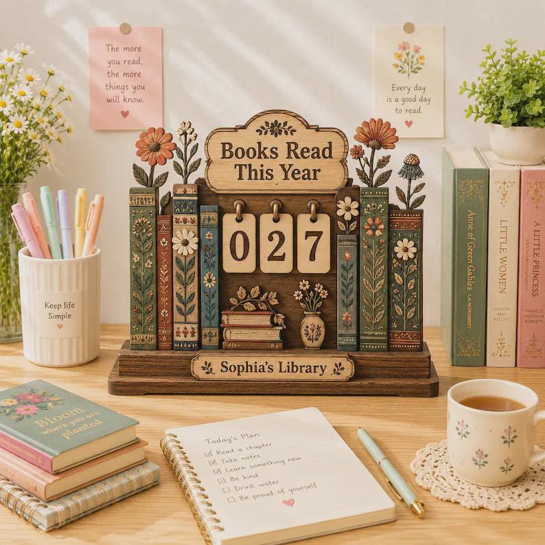 Wooden Book Tracker Stand, Custom Books Read This Year Display, Floral Bookshelf Decor, Personalized Reader Gift for Home Library