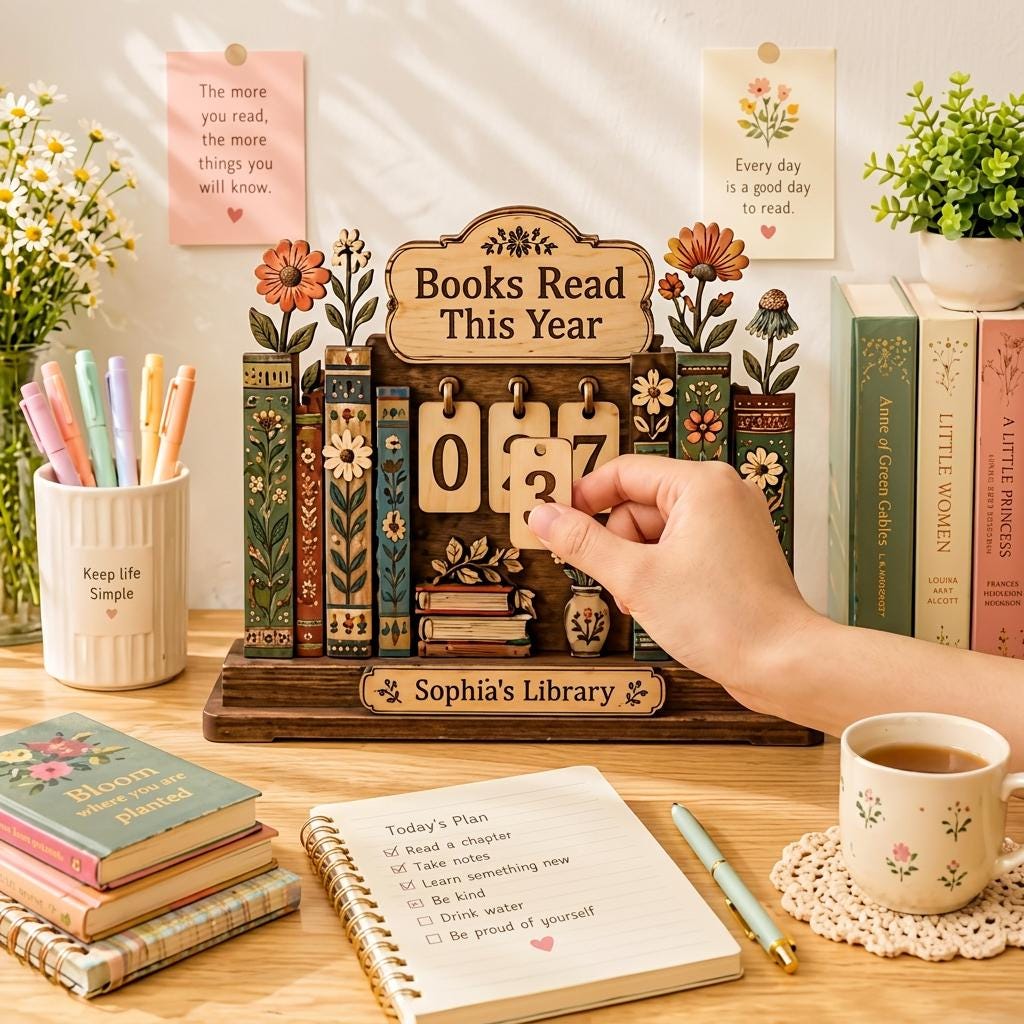 Wooden Book Tracker Stand, Custom Books Read This Year Display, Floral Bookshelf Decor, Personalized Reader Gift for Home Library