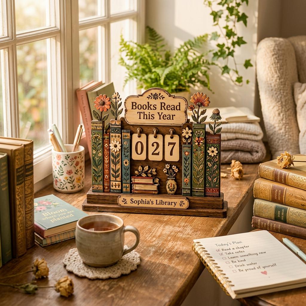 Wooden Book Tracker Stand, Custom Books Read This Year Display, Floral Bookshelf Decor, Personalized Reader Gift for Home Library