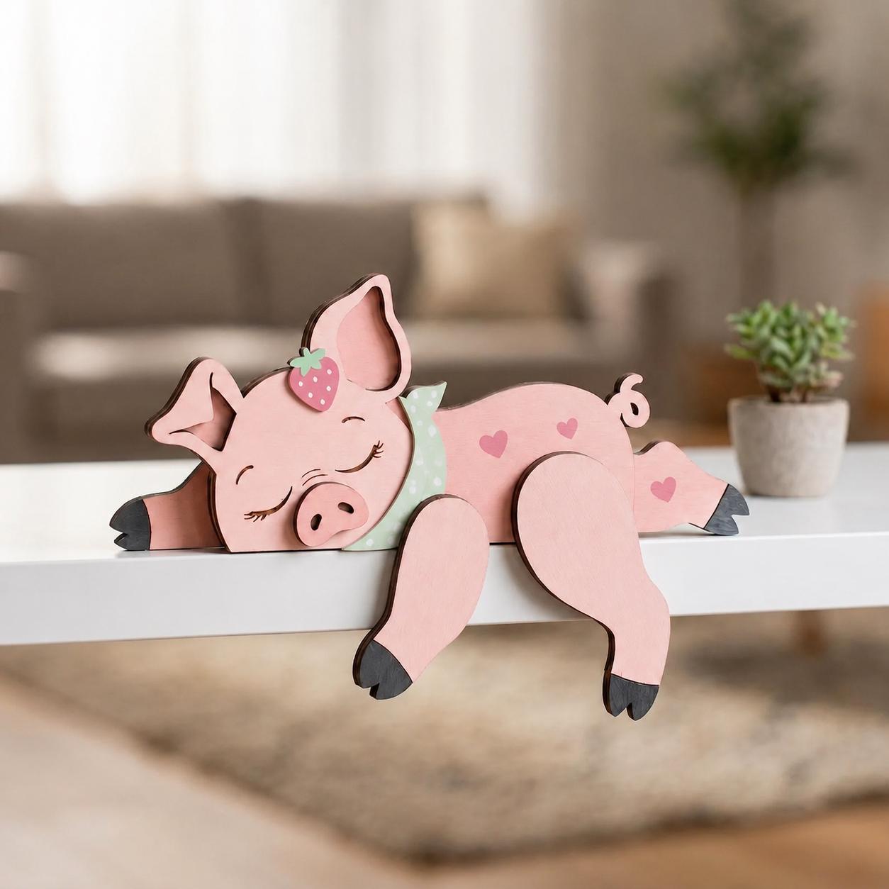 Sleeping Pig Wooden Block, Farm Animal Shelf Sitter, Cute Pig Bookshelf Decor, Nursery Room Accent, Pig Lover Gift