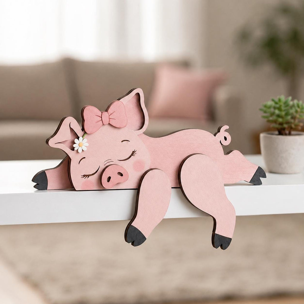 Sleeping Pig Wooden Block, Farm Animal Shelf Sitter, Cute Pig Bookshelf Decor, Nursery Room Accent, Pig Lover Gift
