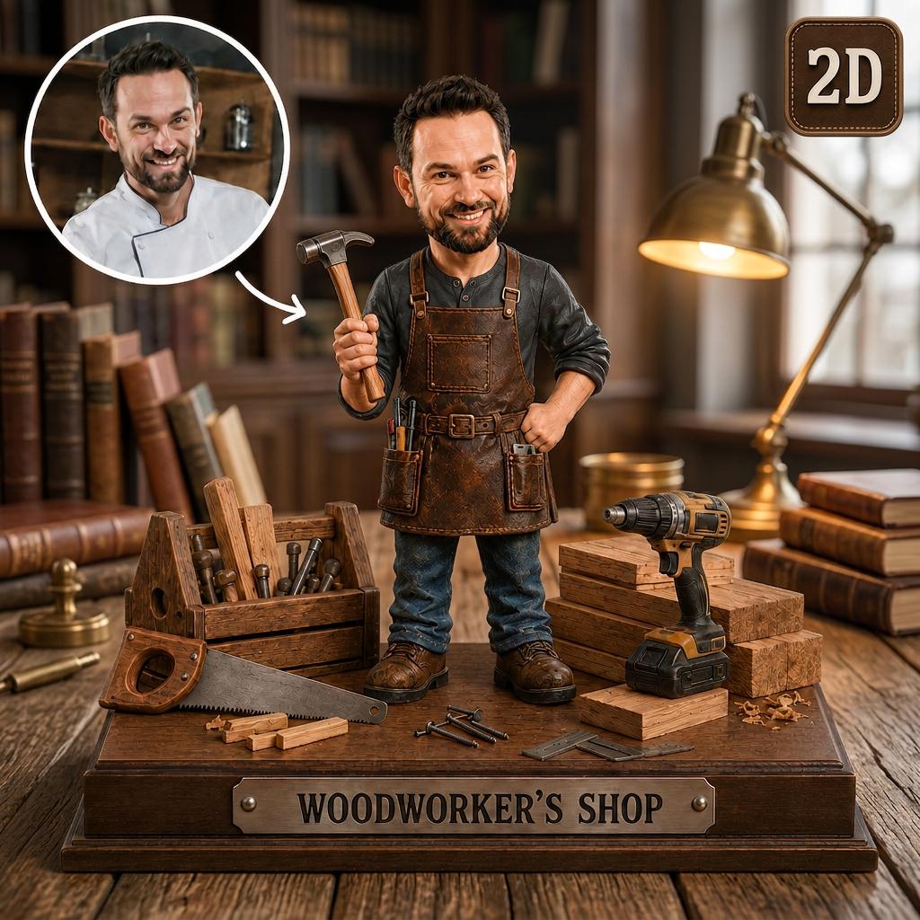 2D PRINTED Custom Woodworker Wooden Block, Personalized Carpenter Gift, 2D Workshop Trophy with Custom Face, Handyman Desk Decor